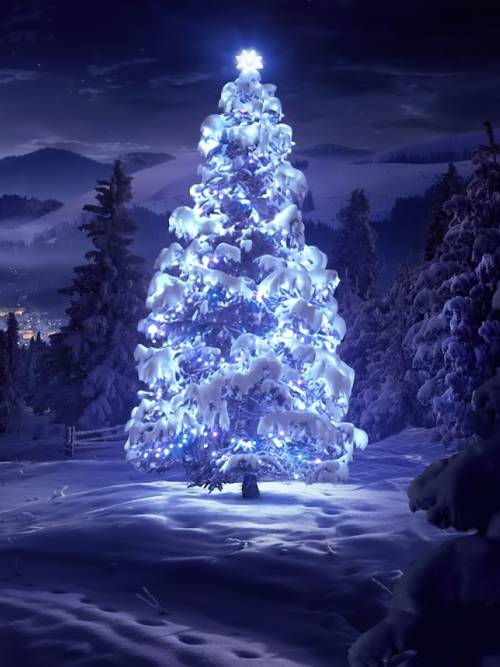 Snowy Christmas tree wallpaper for mobiles and tablets