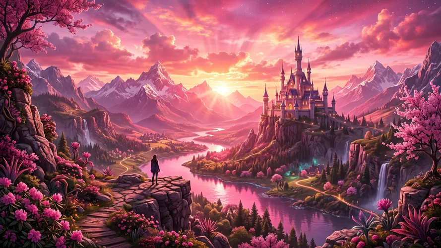 Fondo de Pantalla Atardecer Mágico Castillo Rosa Montaña
