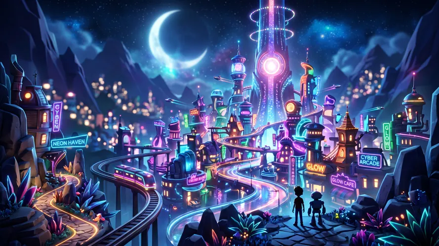 Fondo de Pantalla Ciudad futurista de neón por la noche