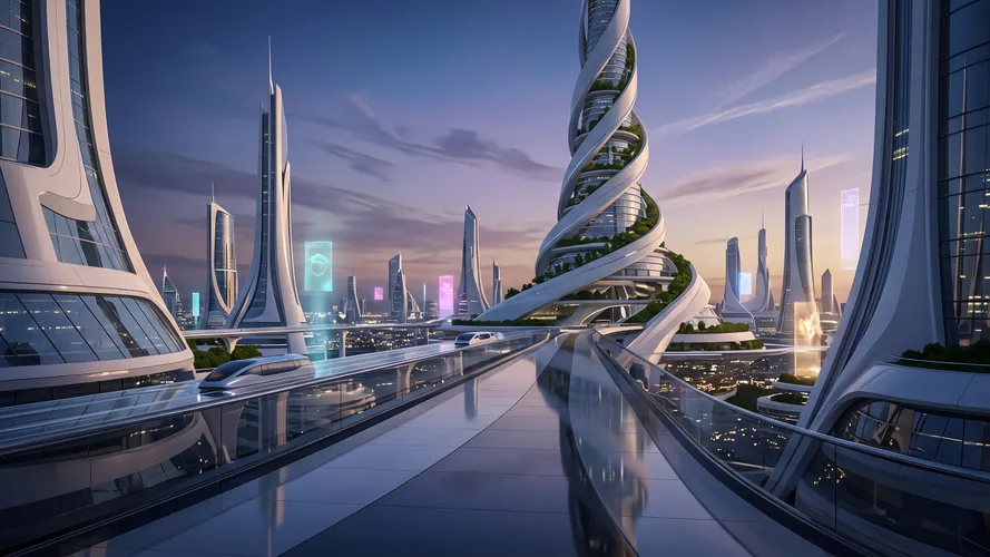 Papel de Parede Paisagem urbana futurista com torre em espiral