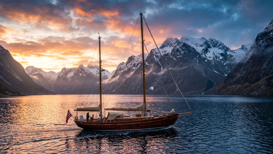 Träsegelbåt i norska fjorden