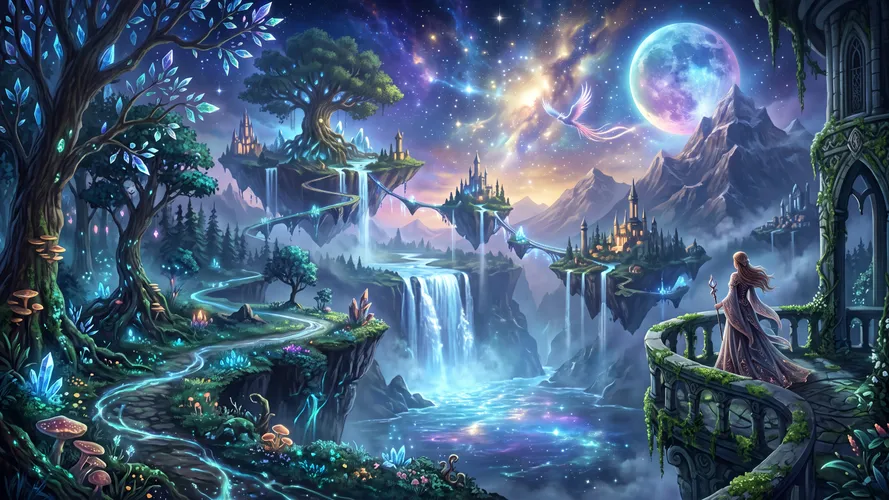 Magische Fantasy-Landschaft mit schwimmenden Inseln Hintergrundbild
