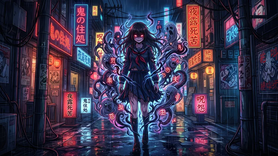 Garota de anime no beco Cyberpunk