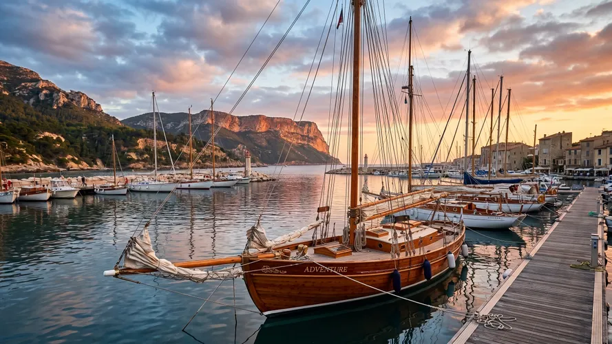 Fondo de Pantalla Puesta de sol sobre los veleros del puerto