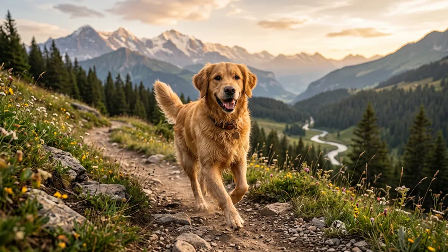 Glücklicher Golden Retriever beim Wandern in den Bergen Hintergrundbild