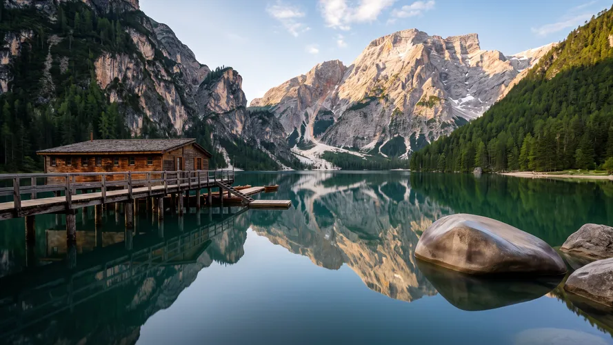 Fondo de Pantalla Sereno lago de montaña con cabaña de madera.