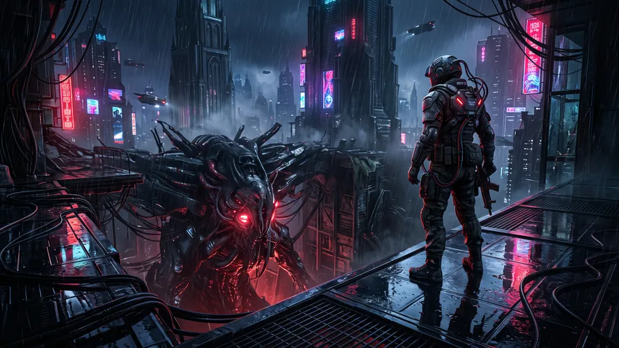Cyberpunk-soldaat tegenover buitenaards monster