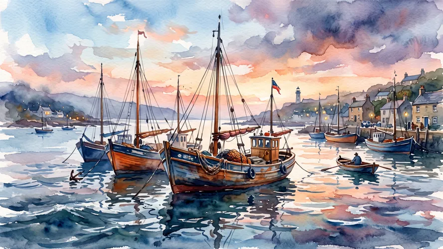 Barcos del puerto de acuarela al atardecer