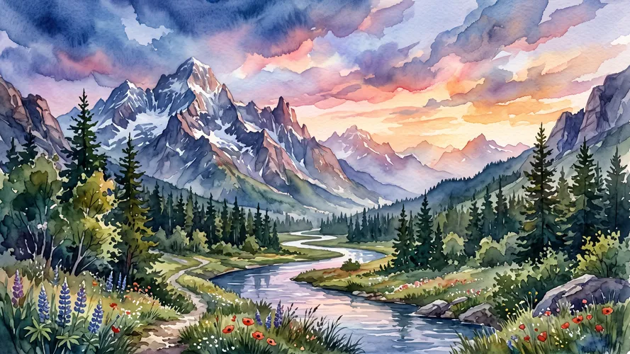Aquarell-Gebirgstal-Sonnenuntergang-Landschaft Hintergrundbild