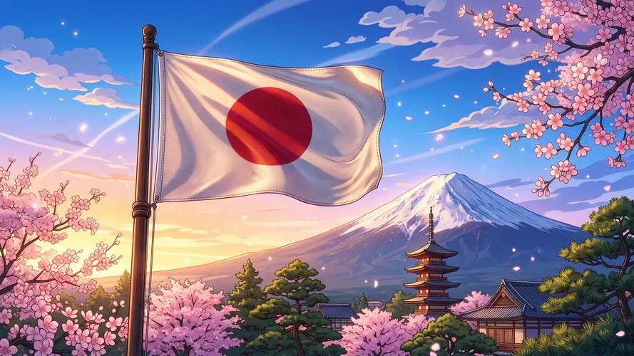 Japansk flagga med berget Fuji