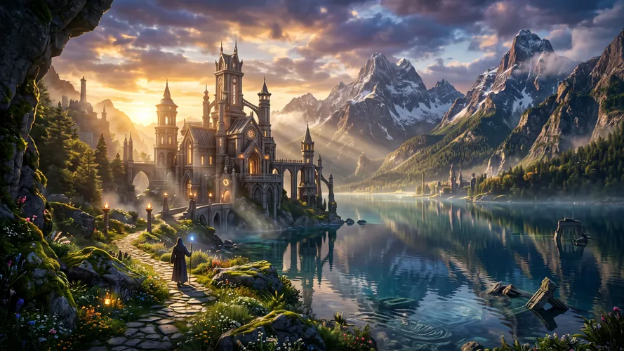 Fondo de Pantalla Majestuoso castillo junto al lago de montaña