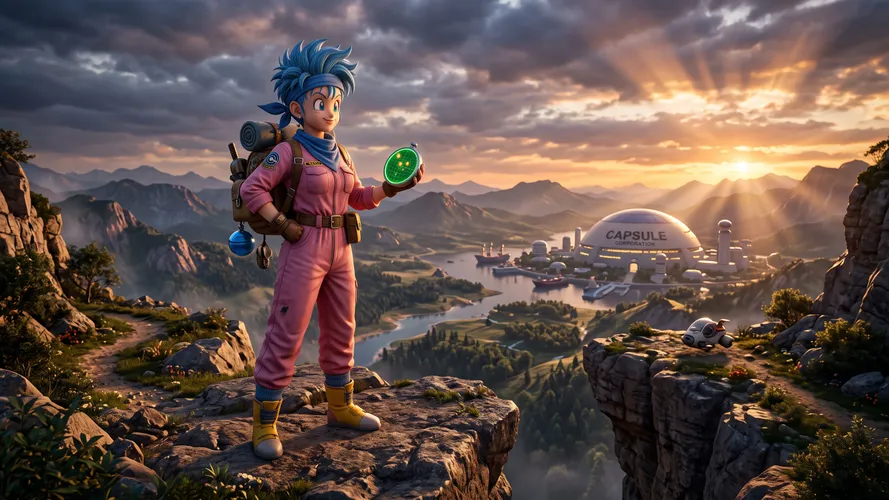 Bulma explorando el paisaje del atardecer