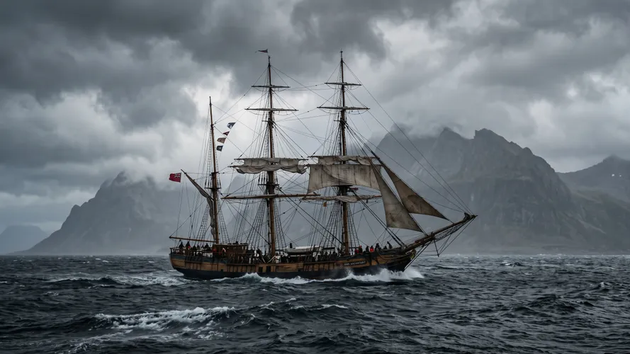 Historisch groot schip dat op ruwe zee vaart