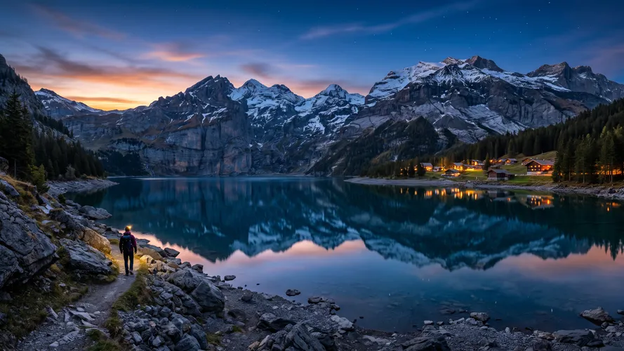 Ruhiger Bergsee in der Abenddämmerung