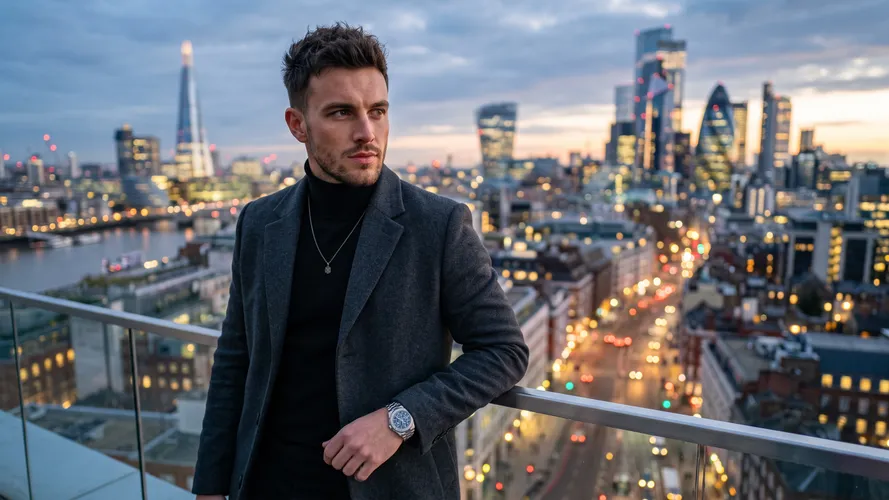 Homem elegante com vista para o horizonte de Londres