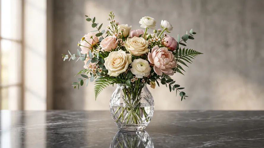 Elegante buquê de rosas em vaso de cristal