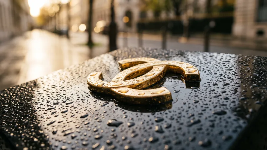 Gocce di pioggia sul logo dorato di Chanel