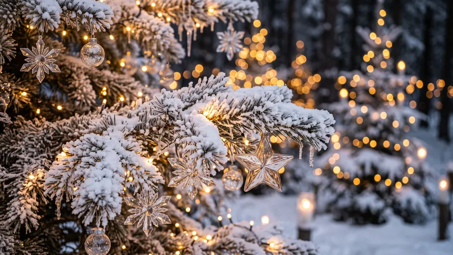 Verschneiter Weihnachtsbaum mit Lichtern