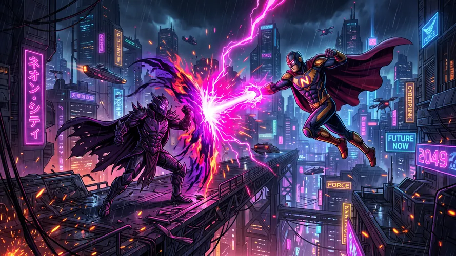 Cyberpunk Superhero Battle in Neon City