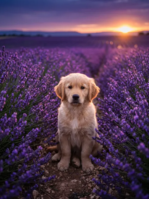 Golden Retriever Puppy in Lavender Field
