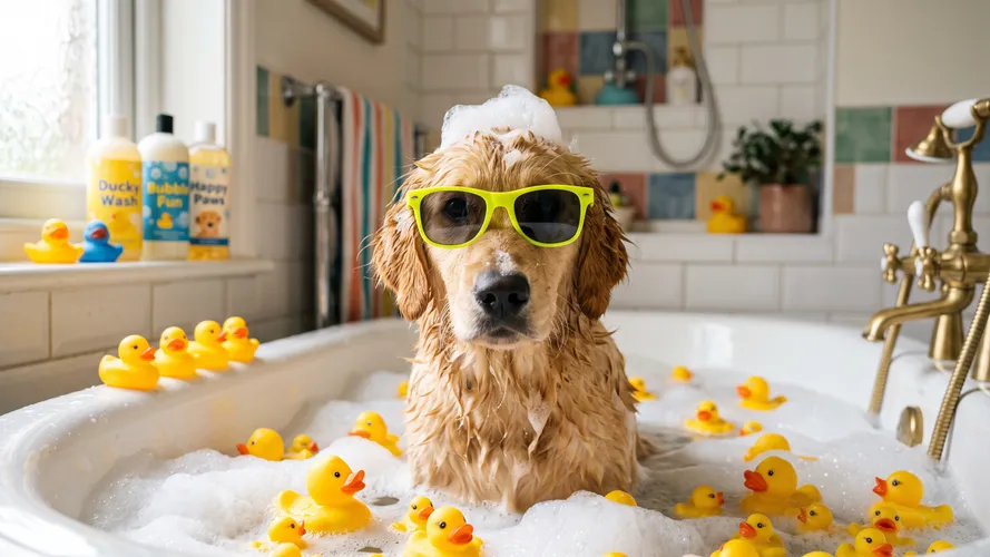 Funny Dog Wearing Sunglasses in Bathtub