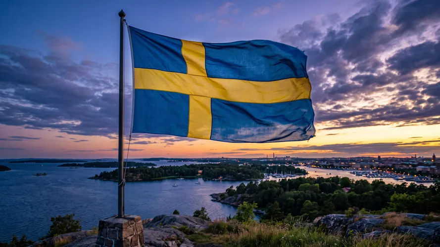 Swedish Flag Over Stockholm Archipelago