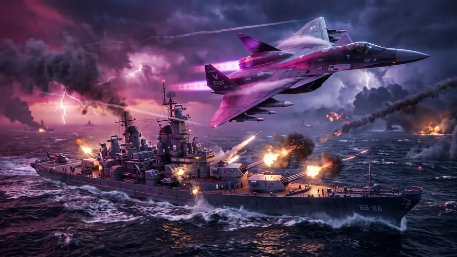 Epic Naval Battle at Sunset