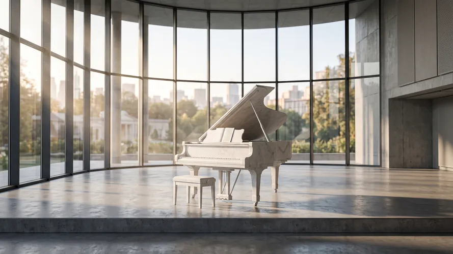 White Grand Piano in Modern Hall