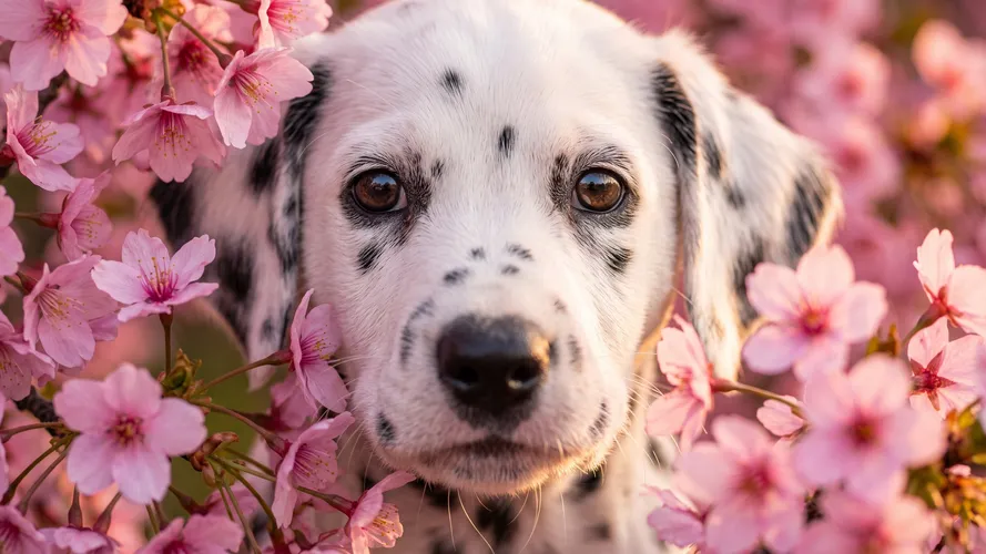 Dalmatian Puppy Among Cherry Blossoms
