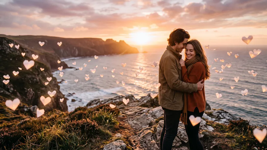 Casal romântico abraçando-se ao pôr do sol