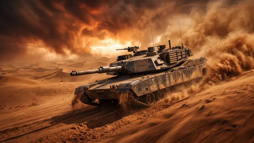 Tanque pesado na tempestade no deserto