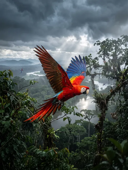 Scarlet Macaw Flying Over Jungle