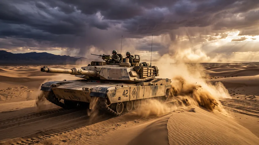 Military Tank in Desert Dunes