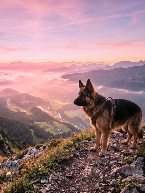 German Shepherd in Mountain Sunset