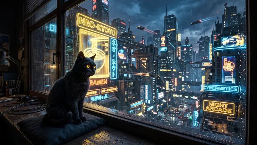 Black Cat in Cyberpunk City