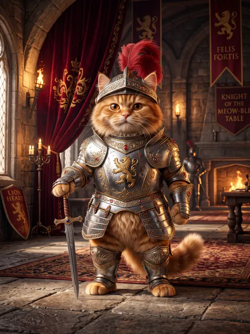 Brave Cat Knight in Armor