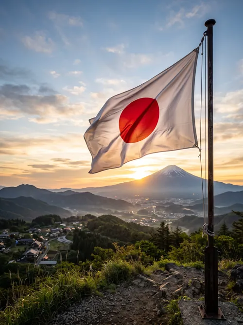 Japanese Flag Over Mount Fuji