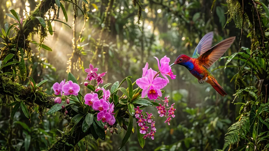 Hummingbird Flying in Rainforest