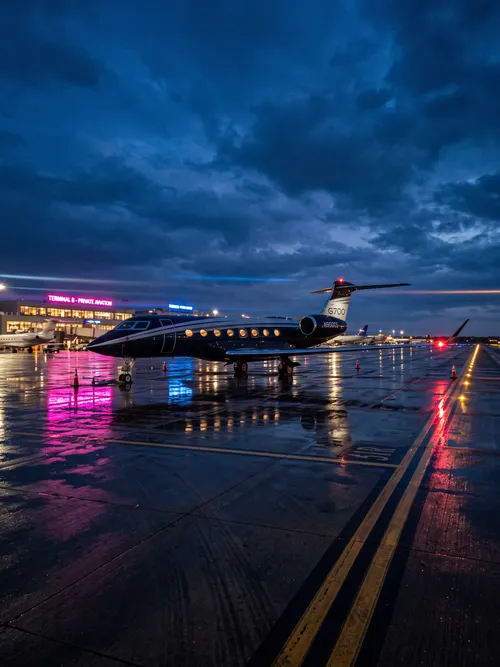 Private Jet on Wet Runway
