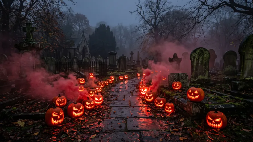 Spooky Halloween Pumpkins in Cemetery