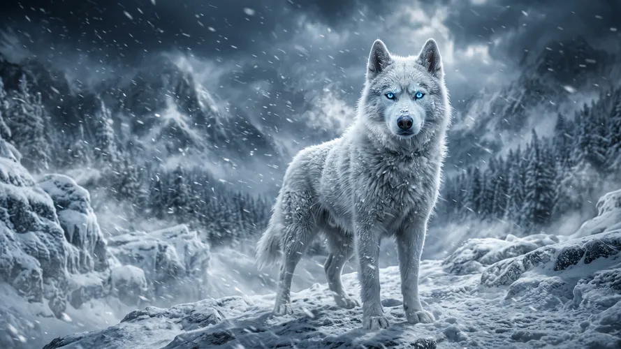 White Wolf in Snowy Mountains