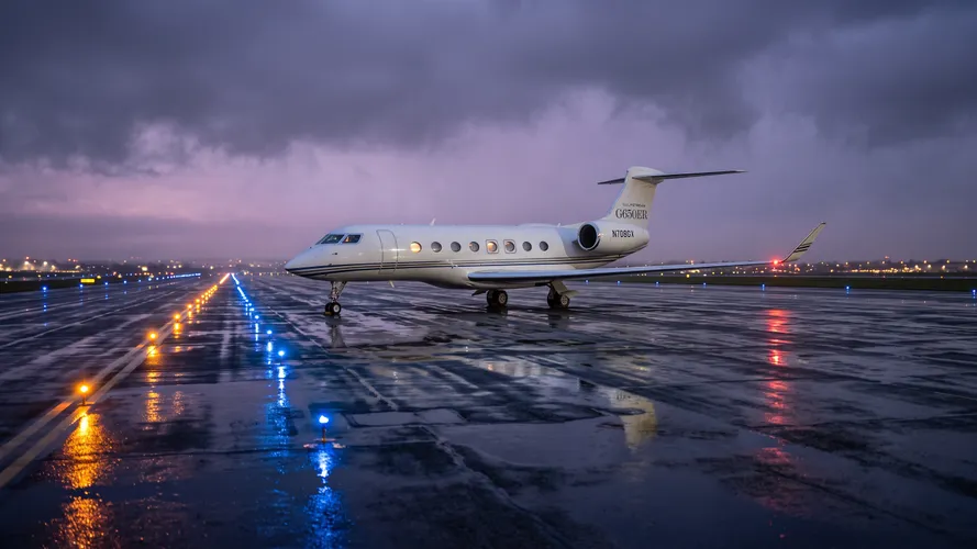 Private Jet on Wet Runway