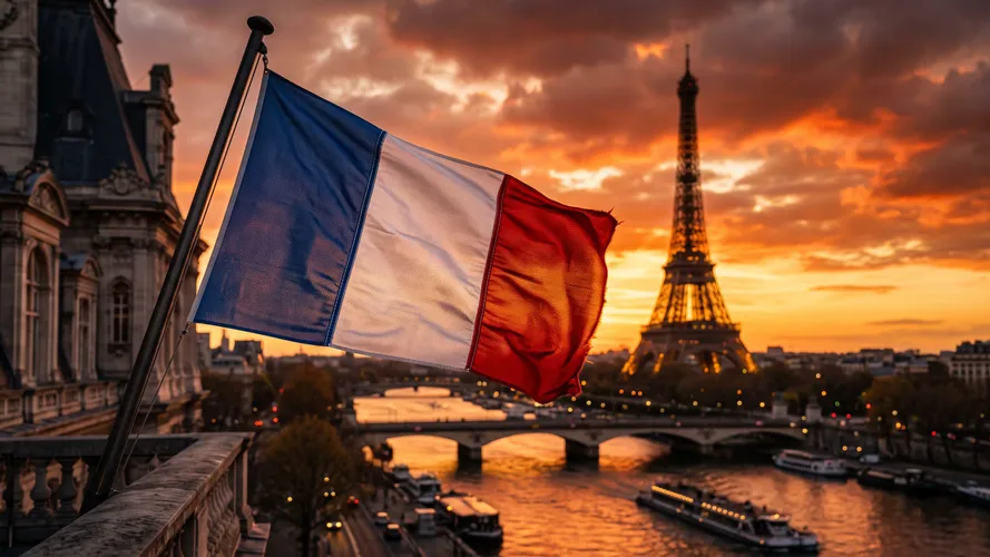 French Flag Over Paris Sunset