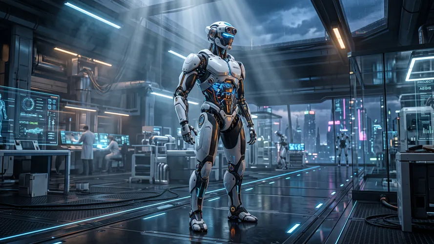 Futuristic Robot in Tech Laboratory