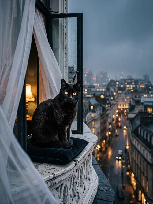 Black Cat Watching Rainy City