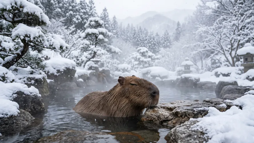 Relaxing Capybara in Snowy Hot Spring