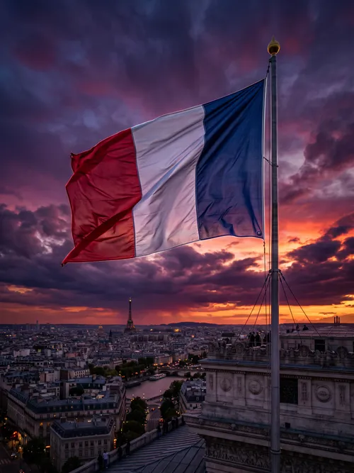 French Flag Over Paris Skyline