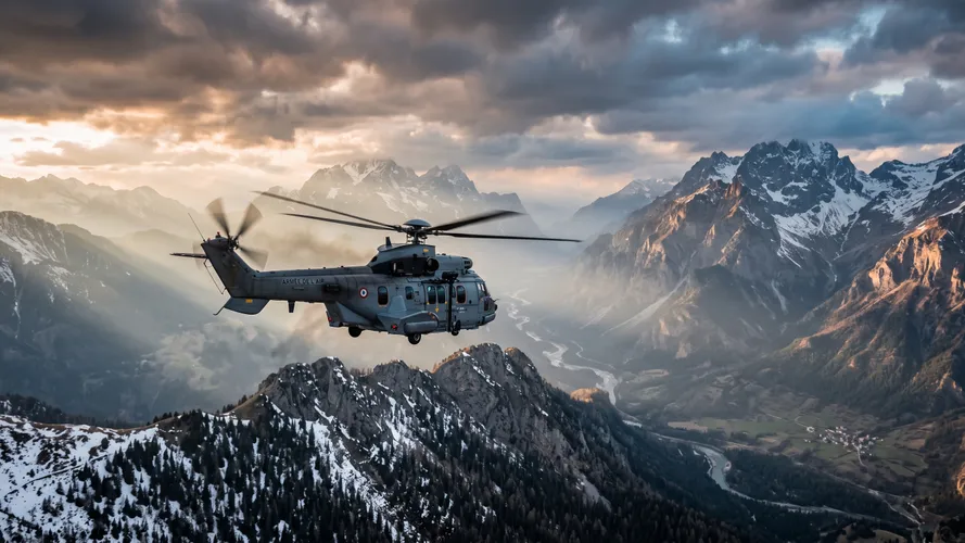 Military Helicopter Over Mountain Landscape