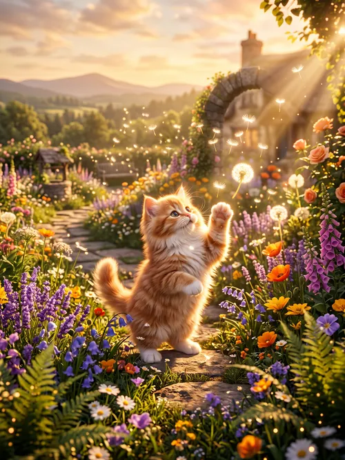Fluffy Kitten Playing in Garden