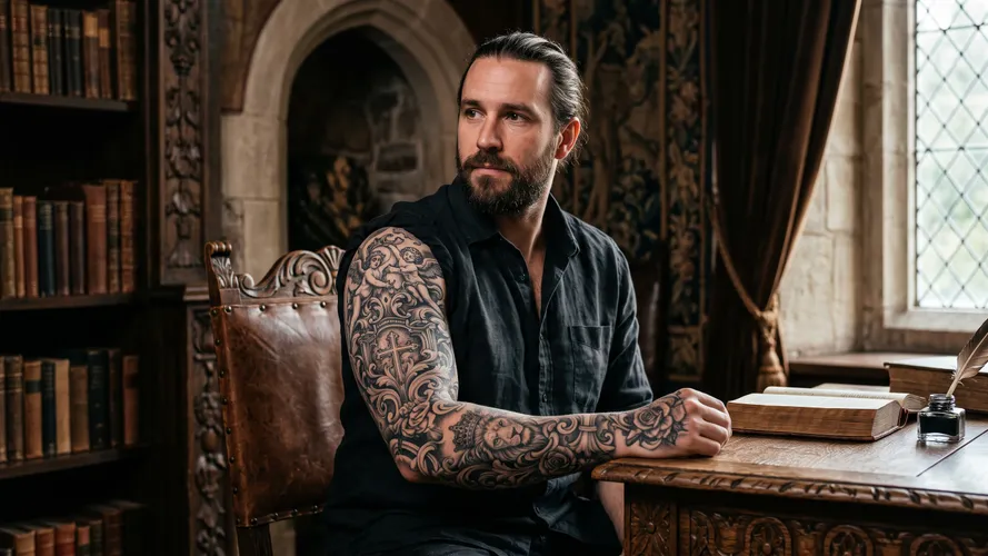 Uomo barbuto con tatuaggi in biblioteca